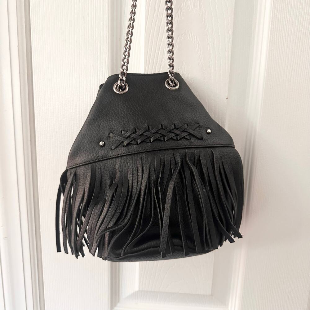 Lauren Ralph Lauren RLL Black Leather Fringe Barton Eloise Drawstring Mini Bag - Picture 4 of 6